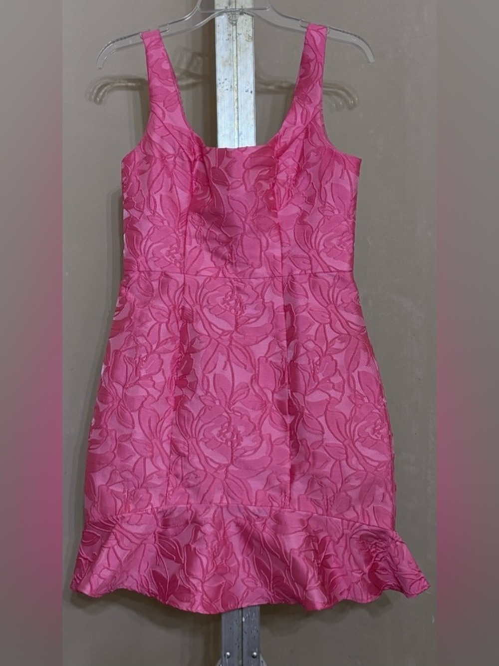 Lumier by Bariano Floral Jacquard Pink Mini Dress with Ruffle Hem Sz S